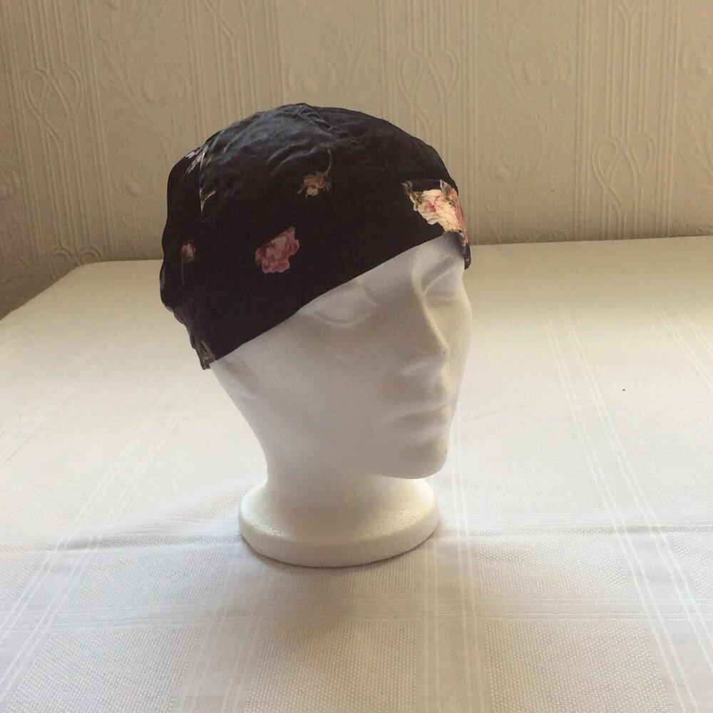 Vintage 90's skull cap mime hat black satin with flowers